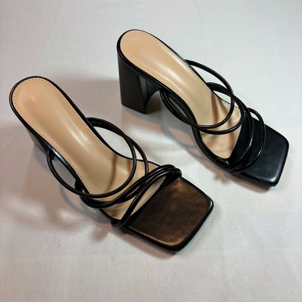 Womens Black Strappy Block Heel Sandals Square Toe Straps Ankle Cuffs Sze 40 US9